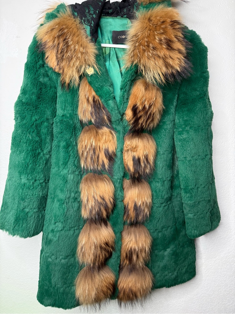 Luxurious Green Mink Fur Coat with Brown Fur Trim - Women's Jacket